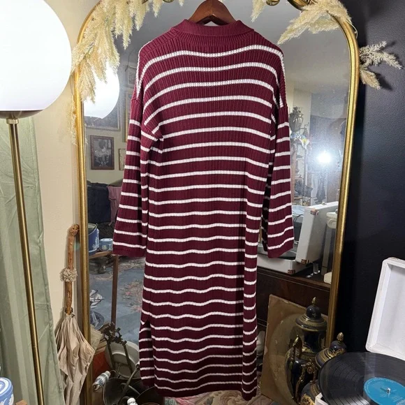 Merokeety Maroon and White Stripe Long Sleeve Sweater Dress with Collar - Picture 6 of 7